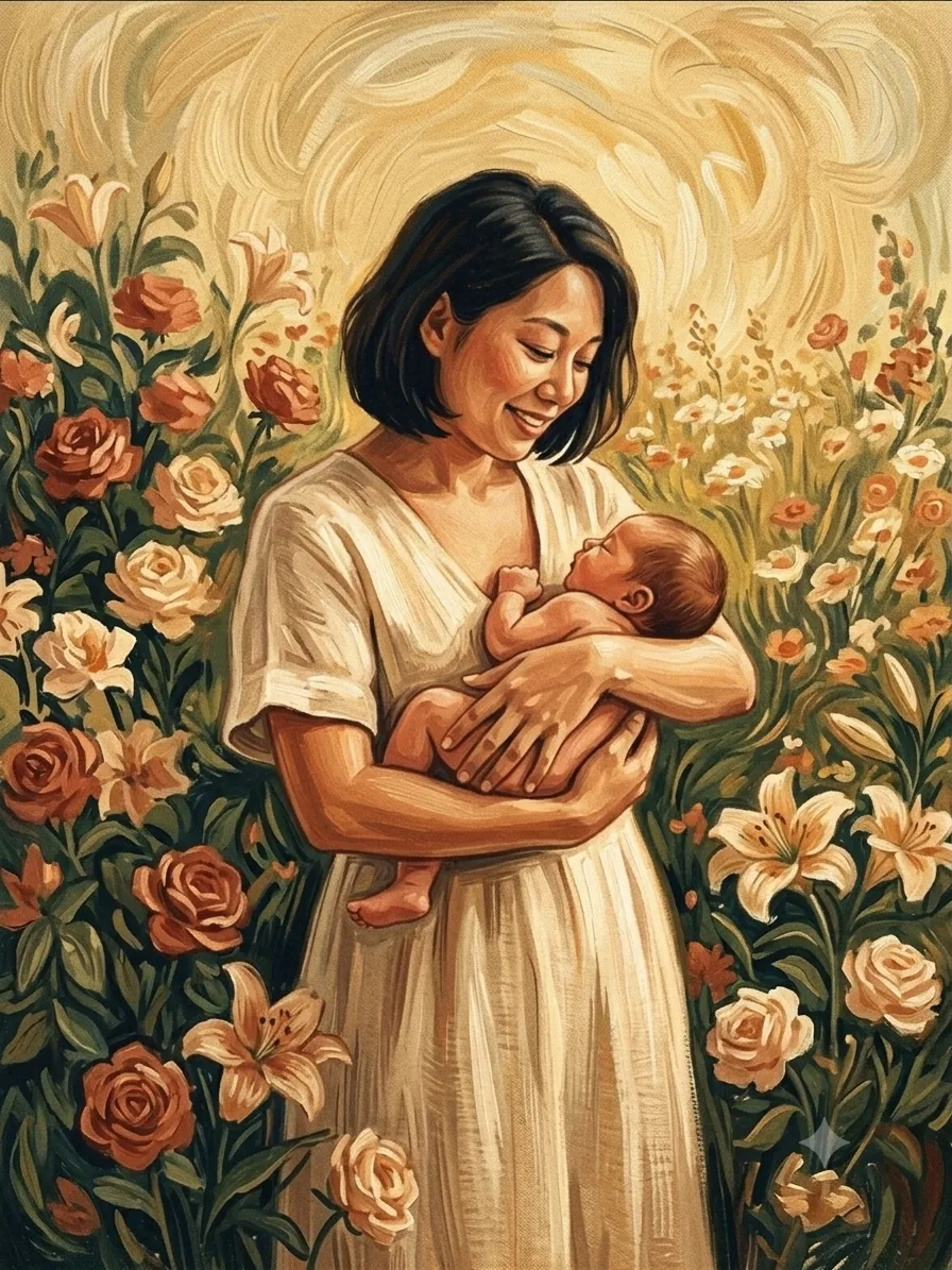 A mother smiling softly as she holds her baby in a sunlit garden of roses and lilies.